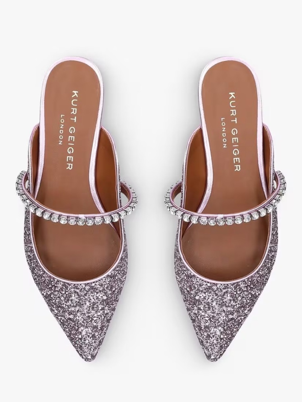 Kurt Geiger Princely 2 Pink Glitter Pointed Toe Mule Flats with Crystal Strap